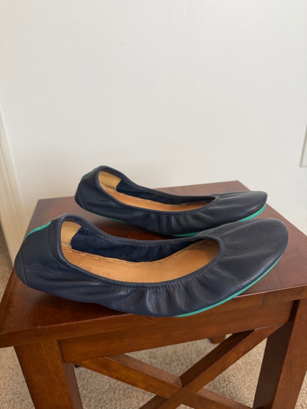 Tieks Navy Leather Ballet Flats with Teal Trim